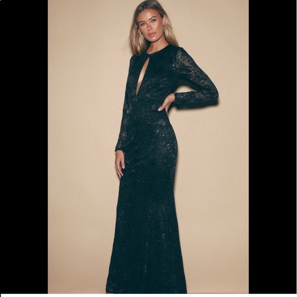 Lulus Black Sequin and Lace Long Sleeve Backless Maxi Dress - Picture 3 of 6
